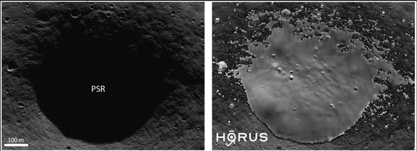 Кратер без названия. На левом изображении показан снимок, сделанный МРО. Его изнутри почти не видно. На правом изображении показано то же изображение после обработки в HORUS