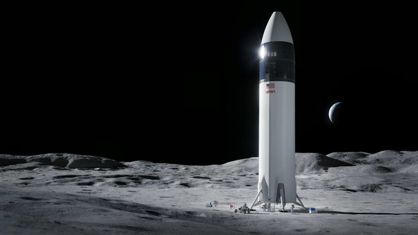 Иллюстрация дизайна посадочного модуля космического корабля SpaceX Starship, который доставит первых астронавтов на поверхность Луны по программе Artemis