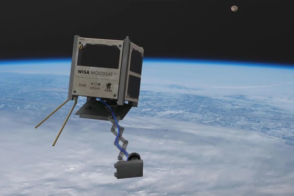 Рендеринг спутника Woodsat на орбите с выдвинутой палкой для селфи