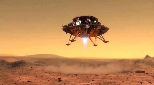 Художественная концепция первого китайского марсохода Tianwen-1, приземляющегося на Красной планете с использованием ретропульсивных двигателей