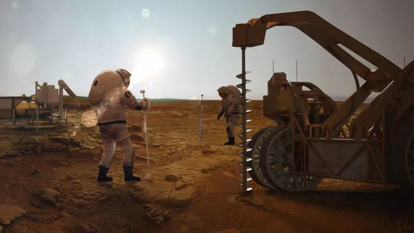 Художественная иллюстрация космонавтов, добывающих воду на Марсе